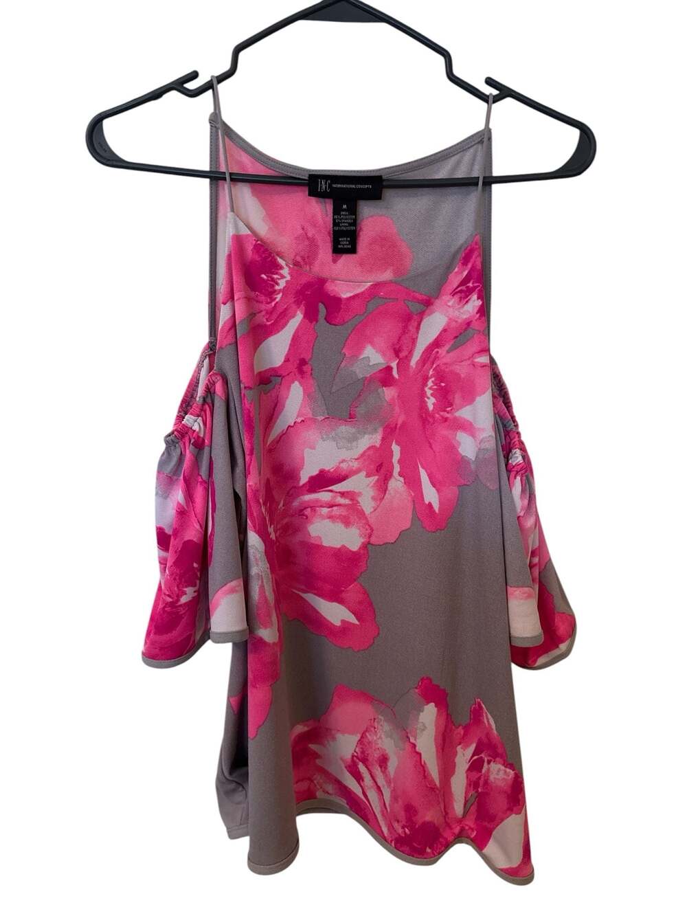INC International Concepts Women's Gray and Pink Floral Cold-Shoulder Blouse